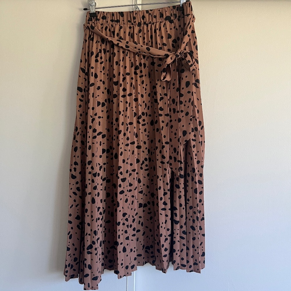 Brown Polka Dot Maxi Skirt with Waist Tie